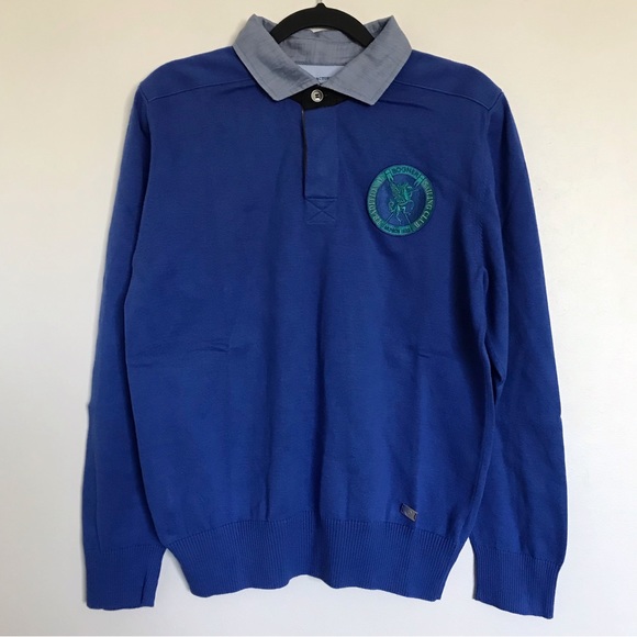 Bogner Blue Giza Cotton Rugby Sweater Men’s Medium Collared Chest Patch Sailing